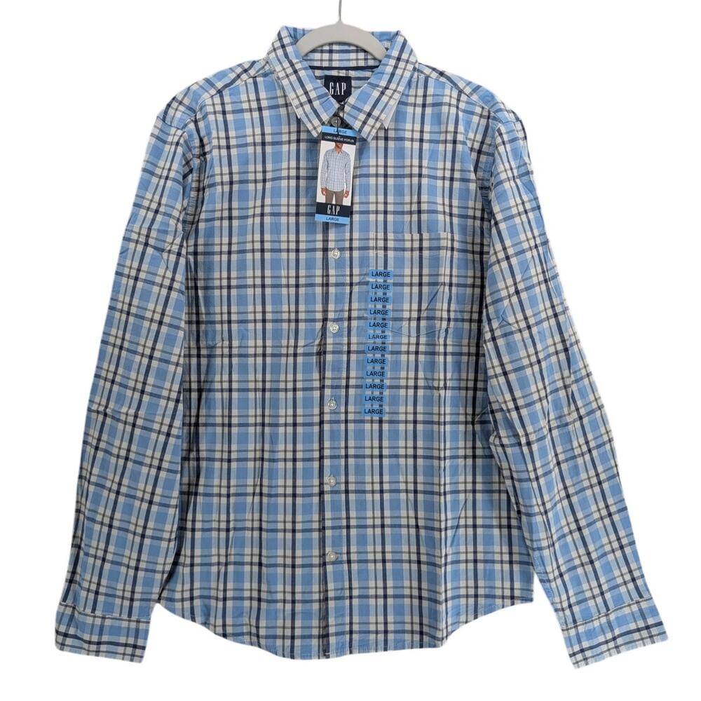 Gap Poplin Shirt Mens L Glacier Gray Blue Plaid Long Sleeve Button Down Workwear
